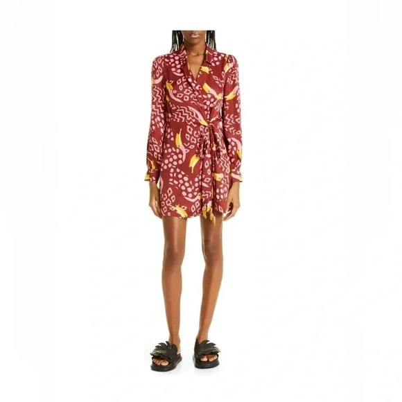 Farm Rio Toucanissimo Long Sleeve Print Wrap Dress Burgundy Size Small